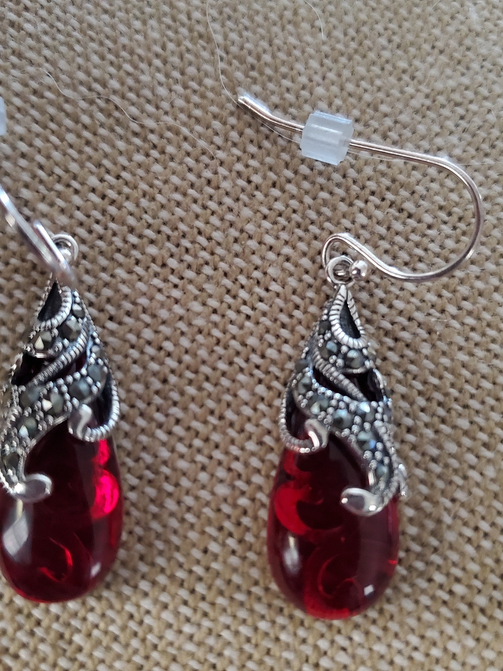 Vintage Sterling Silver 925 Marcasite Ruby Red Glass Teardrop Earrings